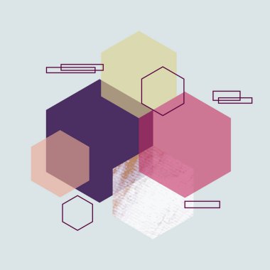 Minimalist İskandinav tasarımı, farklı renk ve dokulardan oluşan altıgenler. Markalaşma, web afişi, iş, moda, kumaş, duvar kağıdı üzerindeki baskılar için soyut vektör deseni tasarımı.