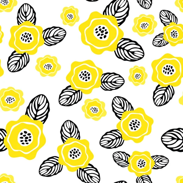 Nahtloses Muster Mit Gelben Sonnenblumenblüten Und Blättern Mit Schwarzen Konturen — Stockvektor