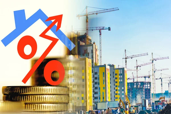 The symbol of interest on the background of the construction of a new residential area . The concept of increasing the growth of construction .