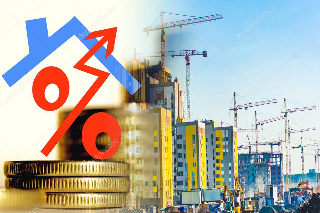 The symbol of interest on the background of the construction of a new residential area . The concept of increasing the growth of construction .