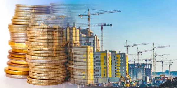 Panorama of the building in the background money . The concept of changes in housing prices .