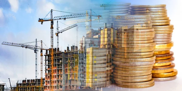 Panorama of the building in the background money . The concept of changes in housing prices .