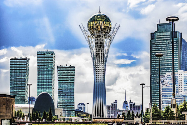 Kazakhstan . Astana . Nurzhol Boulevard . Beautiful view of the Bayterek monument .