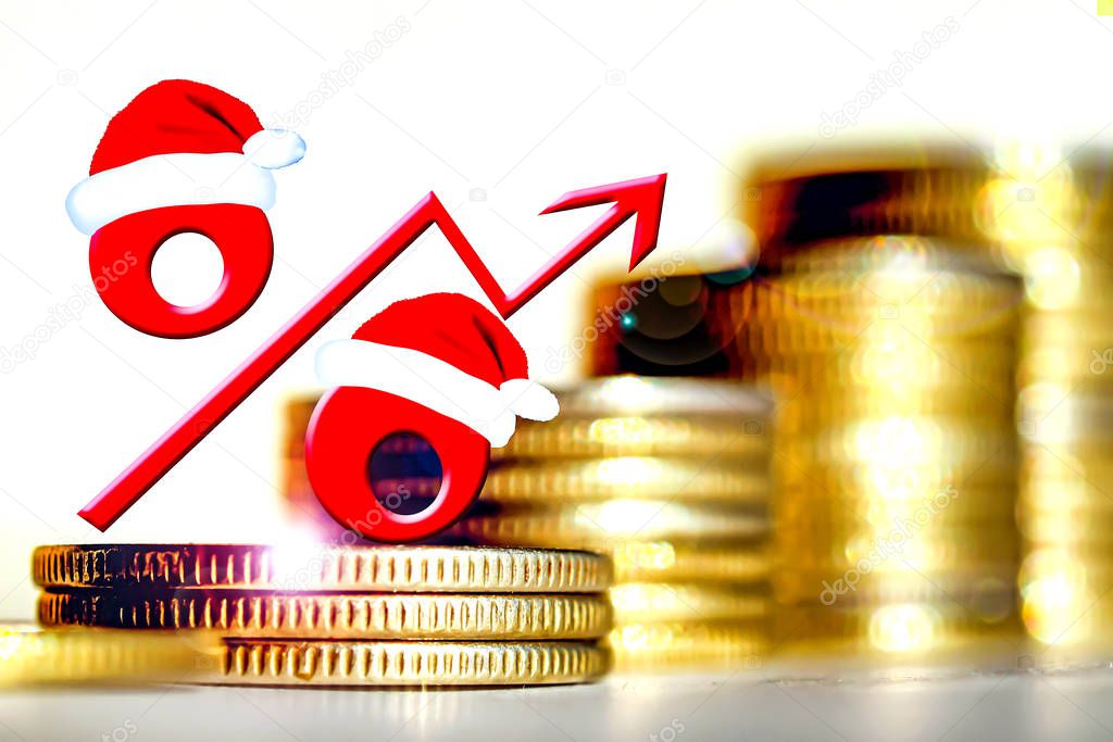 Red percent sign on a background of money . The concept of price changes on the real market .
