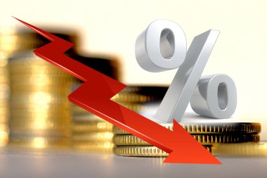 Paranın arka planında kırmızı ok var. Finansal istikrar değişimi kavramı .