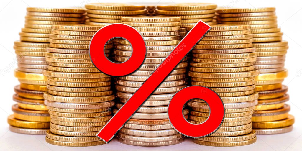 Red percent sign on a background of money. The concept of changes in Bank rates