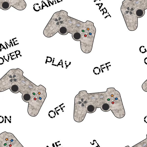 Naadloos Patroon Met Camouflage Spel Joystick Tekst Witte Achtergrond — Stockvector