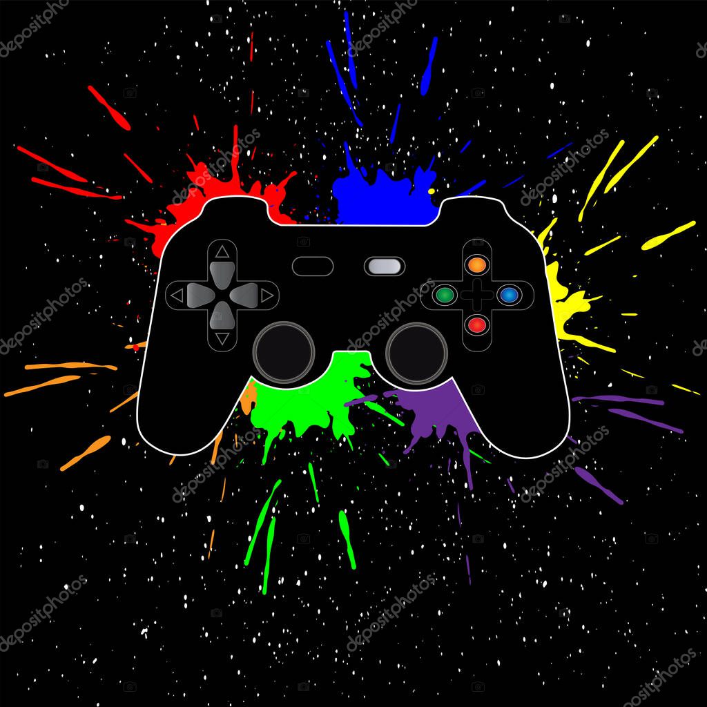 Game joystick and multi-colored blots on a black background, white dots spray effect. Vector illustration for textile