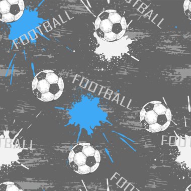 Soccer balls on blots and grunge texture. Abstract seamless pattern. clipart