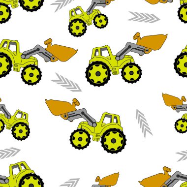 Beyaz zemin üzerinde sarı traktör ve şimşek olan tekstil için kusursuz desen. 