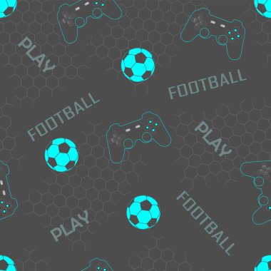 Erkekler için kusursuz futbol deseni. Futbol topu, oyun kumandası, gri arkaplanda geometrik elementler