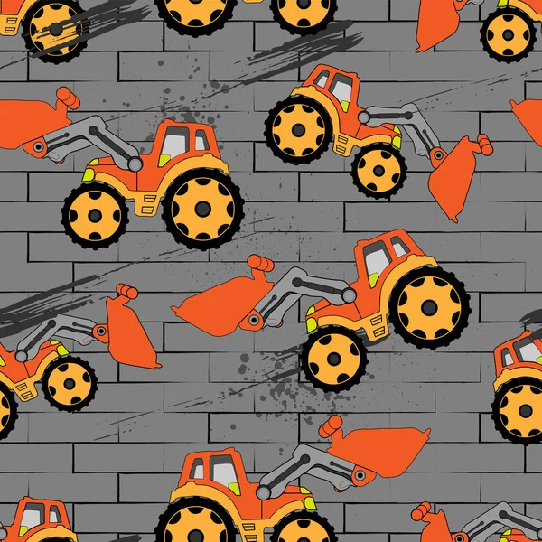 Orange Tractor Bucket Gray Background Bricks Seamless Pattern — Stock Vector