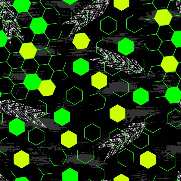 Seamless Pattern Hexagons Lightning Bolts Grunge Texture — Stock Vector