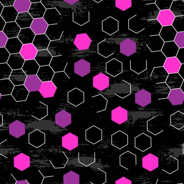 Geometrik elementleri olan kızlar için soyut, pürüzsüz desen. Siyah arkaplanda altıgenler ve çizgiler grunge dokusu.