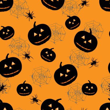 Cadılar Bayramı günü. Turuncu arka planda örümcekler ve örümcek ağlarıyla siyah kabak surat. Kusursuz desen.