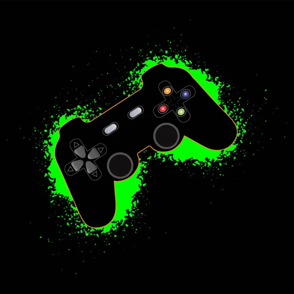 Joystick Juego Negro Contorno Naranja Efecto Pulverización Manchas Verdes Ilustración — Archivo Imágenes Vectoriales