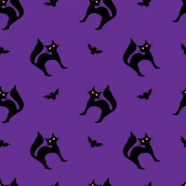 Хэллоуин Бесшовный Рисунок Летучих Мышей Черных Кошек Фиолетовом Фоне — стоковый вектор