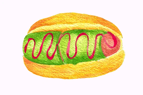 Aquarel illustratie van een hotdog op een witte achtergrond Aquarel roodbruin broodje met worst in groene peper met ketchup. Op papier met een goed gedefinieerde textuur. Nationale hotdogdag. — Stockfoto