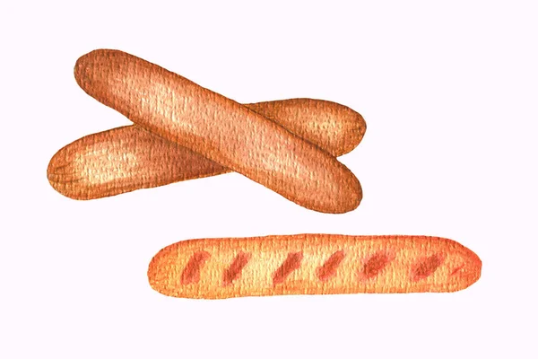 Illustration aquarelle Sur papier avec une texture bien définie. Journée nationale des hot-dogs. Saucisse aquarelle en gros plan isolé sur fond blanc. Peinture à main sur papier — Photo
