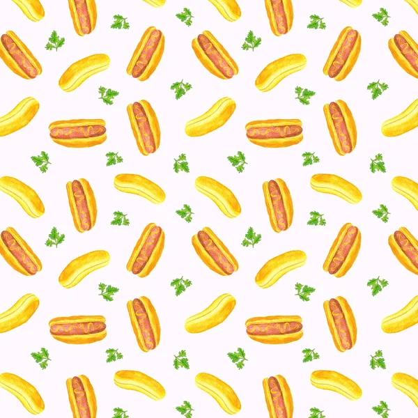 Illustration aquarelle de saucisse de hot dog dans un pain à pâtisserie avec ketchup ou moutarde ensemble isolé sur fond blanc Conception pour un emballage de hot dog, pour un tablier du vendeur d'un hot dog — Photo