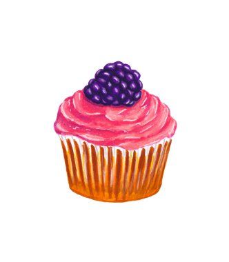 Pembe kremalı Blackberry 'li kek. Kek kek. Parlak pasta, incelik, beyaz arka planda izole edilmiş hamur işleri. Menüler için tasarım, davetiye kartları. El çizimi