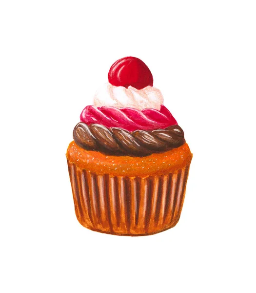 Cupcake Con Ciliegie Panna Torta Torta Luminosa Delicatezza Pasticcini Isolati — Foto Stock