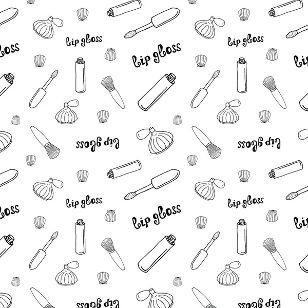 Cosmetics and makeup seamless pattern in line art style. Black and white pattern with women's cosmetics in doodle style. Eau de toilette, Perfume Lip gloss, Seashell, Bone powder. Design for textiles, scrapbooking, packing, box.