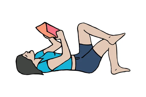 Fille Lit Livre Couché Sur Dos Dessin Main Levée Fille — Image vectorielle