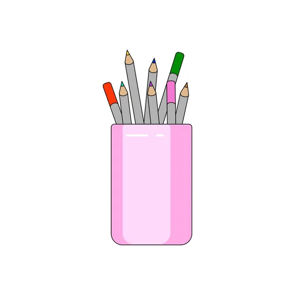 ピンクの瓶のスタンドに色鉛筆 子供の多色鉛筆の12色 白い背景にアイコンを隔離しました 学校に戻る 学校の備品だ ベクトル — ストックベクタ