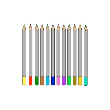 Çocuklar ve öğrenciler için renkli kalemler, hobiler. Çoklu renkli kalemlerin on iki farklı rengi var. Beyaz arkaplanda izole edilmiş bir simge. Okula dönelim. Okul malzemeleri. Vektör