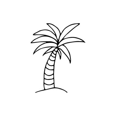 Karalama stilinde elle çizilmiş palmiye ağacı. Beyaz arka planda izole edilmiş renklendirme için dizayn edilmiş. Palmiye ağacı simgesi, ince çizgi biçimi.