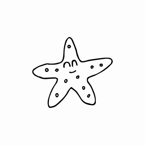 Estrella de mar en estilo garabato, para colorear. Estrella de mar dibujada a mano en contorno negro sobre fondo blanco. Estrella del mar, fondo marino , — Vector de stock