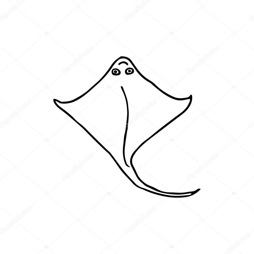 Picture of sea stingray in doodle styles, coloring isolated background. One continuous line drawing of cute stingray for marine logo identity. Large saltwater fish mascot concept for sea world show