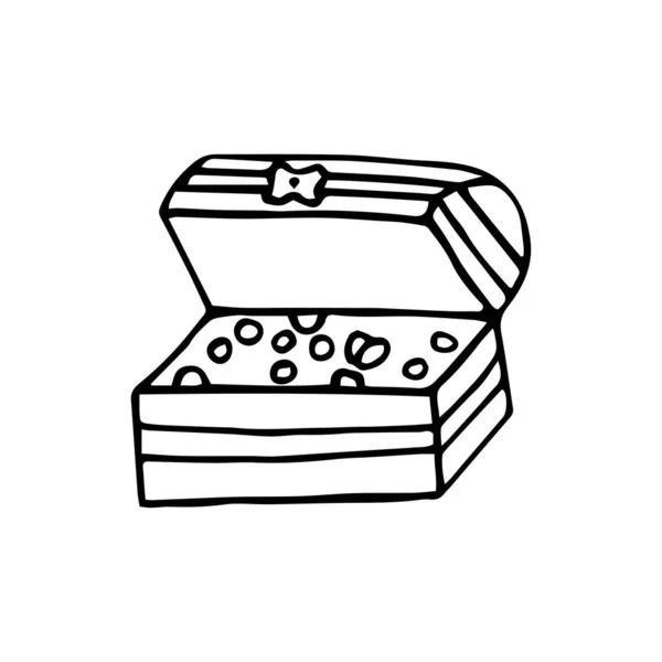 Een houten kist gevuld met gouden schatten. Vector zwart-wit kleurboek pagina. Met de hand getekend in doodle stijl. Schateiland. — Stockvector
