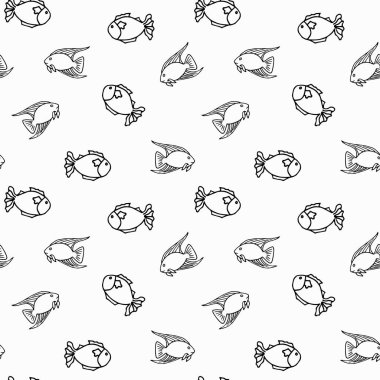 Beyaz arka planda karalama tarzı balıklar için vektör deseni. El yapımı. Ağ, kağıt, ambalaj ve tekstil için tasarım. Yaz illüstrasyonu. EPS10 Siyah beyaz illüstrasyon