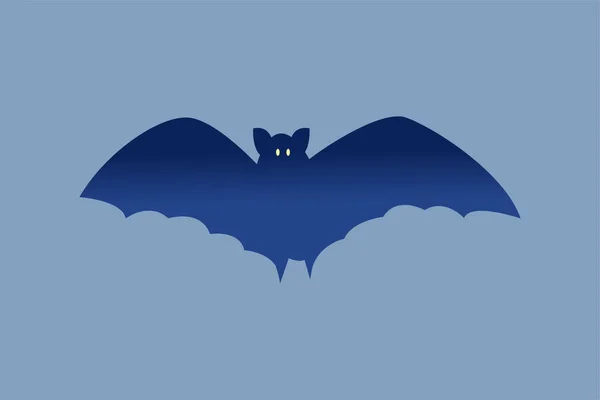 Murciélago de dibujos animados con ojos brillantes sobre fondo azul, ilustración vectorial, Halloween. Animal carnívoro nocturno. Diseño para tela, camiseta, gorra de béisbol, suéter, textil, embalaje. EPS10 — Vector de stock