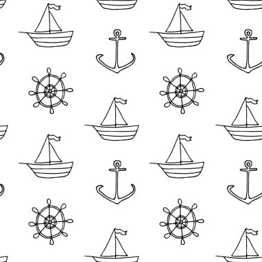 Gemi ve dümenle kusursuz seyir düzeni. Çizik stilinde doğrusal çizim. Paketleme, kağıt, kumaş tasarımı. EPS10.