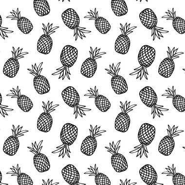 Tasarımınız için elinizle çizdiğiniz tasarım illüstrasyonu için izole edilmiş siyah ve beyaz minimalist ananas desenli kusursuz vektör arkaplan deseni. Ağ, kapak, ambalaj, tekstil için tasarım.