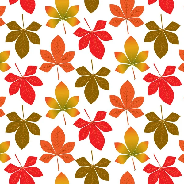 カラフルな栗の葉の秋のパターン ラッパー テキスタイル ボックスのデザイン シームレスなカラフルな秋の葉の背景ベクトル図のパターン 栗は抽象的な形でパターンを残します — ストックベクタ