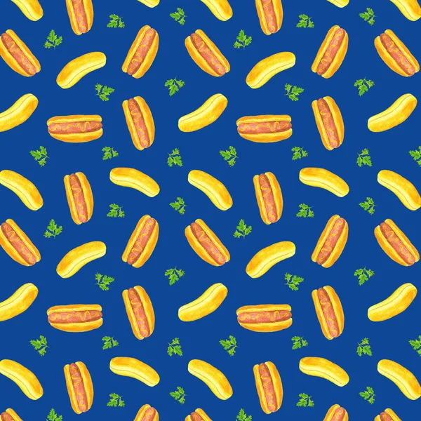 Akvarell Illustration Varmkorv Wiener Bakverk Bulle Med Ketchup Eller Senap — Stockfoto