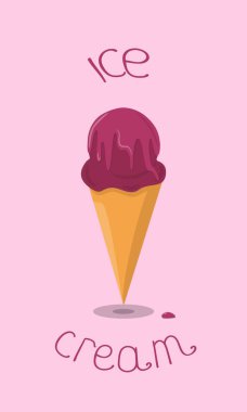 Üzerinde yaban mersini şurubu olan konik waffle bardağında yabanmersinli dondurma. Pembe arka planda yazılı dondurması olan. Yaz lezzetleri, tatlı, çocuklar için lezzetler. Sıcak mevsimde tatlı Dondurma ikonu