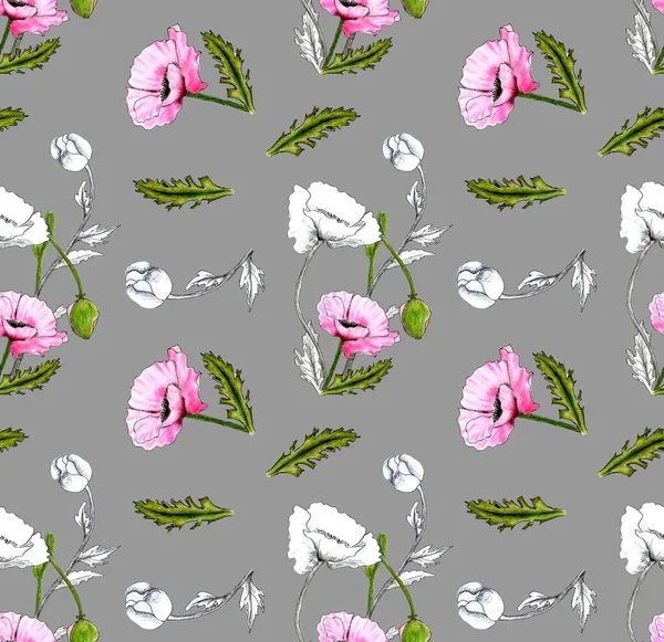 灰色の背景にピンク色の野生のケシの花のパターン 手描き ケシの葉 ケシの芽 ギフト紙のためのデザイン 生地の印刷 — ストック写真