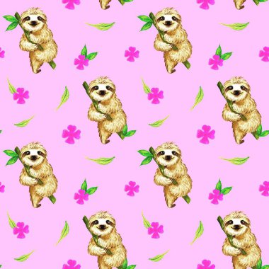 Cute cartoon watercolor baby sloth hanging on a tree. Seamless pattern with sloth bear on a pink background. Design for childrens room, birthday, textiles, greetings clipart