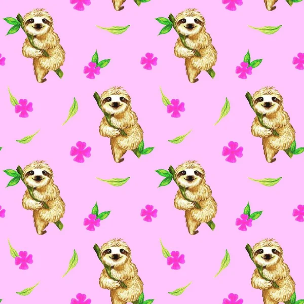 Cute cartoon watercolor baby sloth hanging on a tree. Seamless pattern with sloth bear on a pink background. Design for childrens room, birthday, textiles, greetings
