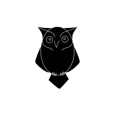 Düzenlenebilir bir baykuşun vektör silueti, beyaz bir arkaplanda izole edilmiş. Siyah baykuş logosu, simge. Cadılar Bayramı. Logo, dövme, basit illüstrasyon, kumaş baskısı için tasarım.