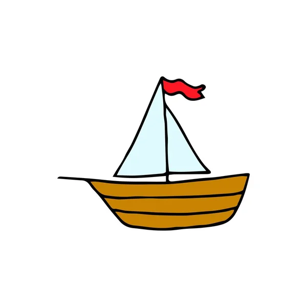 色の船は、白い背景、ロゴに隔離されたドアスタイルで手で描かれています。船は最小限のアイコンを隔離。ウェブサイトやモバイルミニマリズムのフラットデザインのためのライナーグラフラインベクトルアイコン. — ストックベクタ