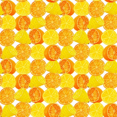 Limon ve portakal dilimleriyle suluboya deseni. Turuncu ve sarı renkli meyvelerle parlak tasarım. Ambalajlar, tekstil, kağıt için tasarım.