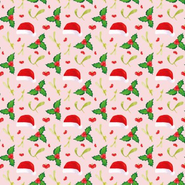 Noel Baba şapkası. Noel suluboya desenli Noel Baba şapkası, ökseotu ve kırmızı beyaz böğürtlenli çoban püskülü. Paketler, ambalajlar, ambalajlar ve tekstil için tasarım.