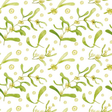 Noel suluboya desenli ökseotu ve beyaz bitki çilekleri. Paketler, ambalajlar, ambalajlar ve tekstil için tasarım.