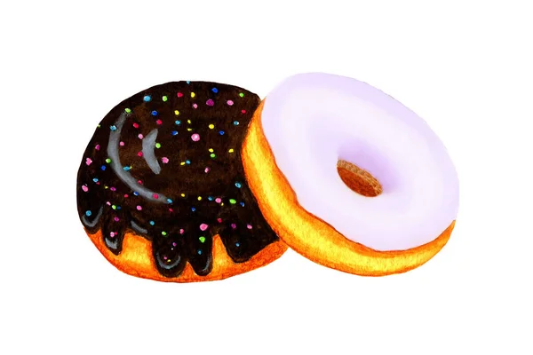 Donuts Aquarelle Avec Glaçage Noir Blanc Illustration Aquarelle Isolée Sur — Photo
